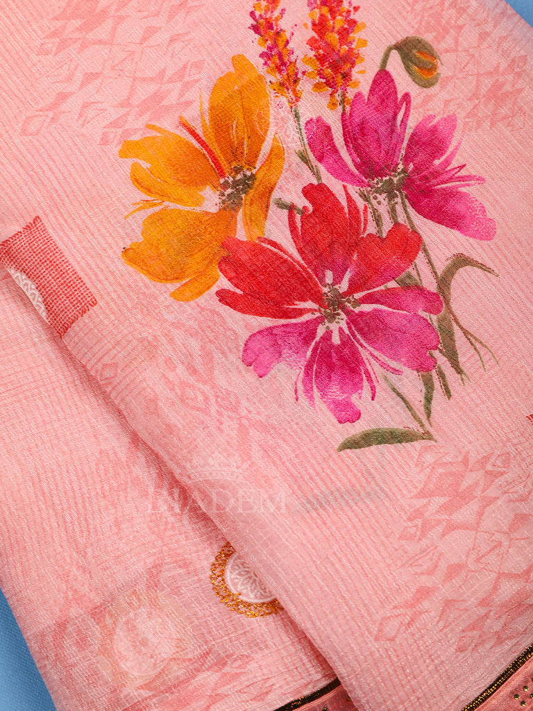 Pink Crepe Saree Floral Design