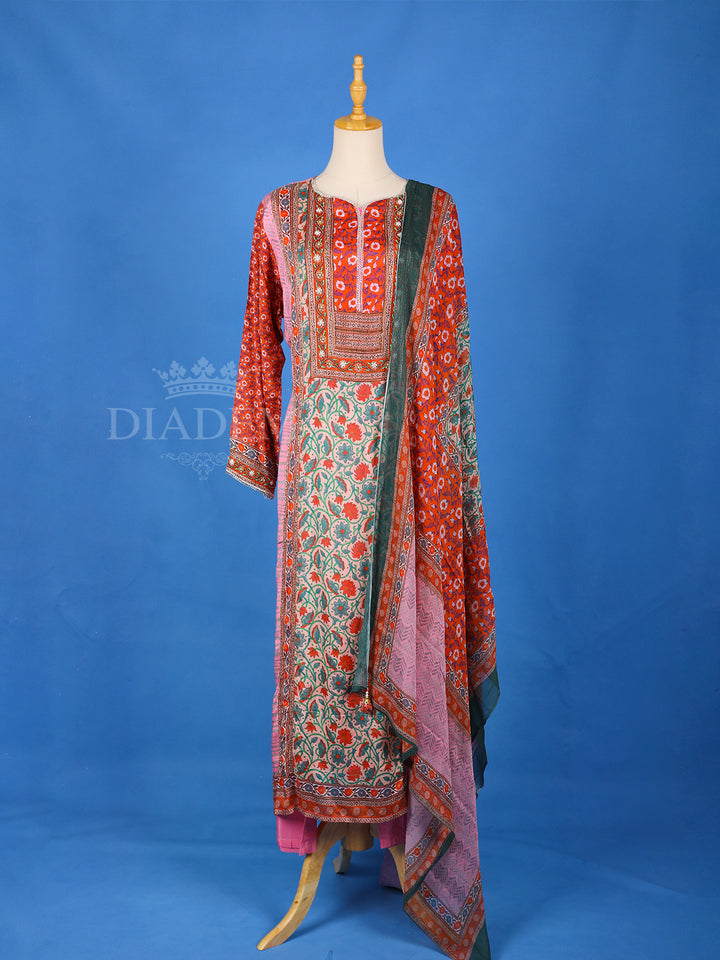 Pink Crepe Straight Cut Salwar Suit for Women Adorned with Floral Prints, with 3/4 Sleeve and Dupatta - Diadem