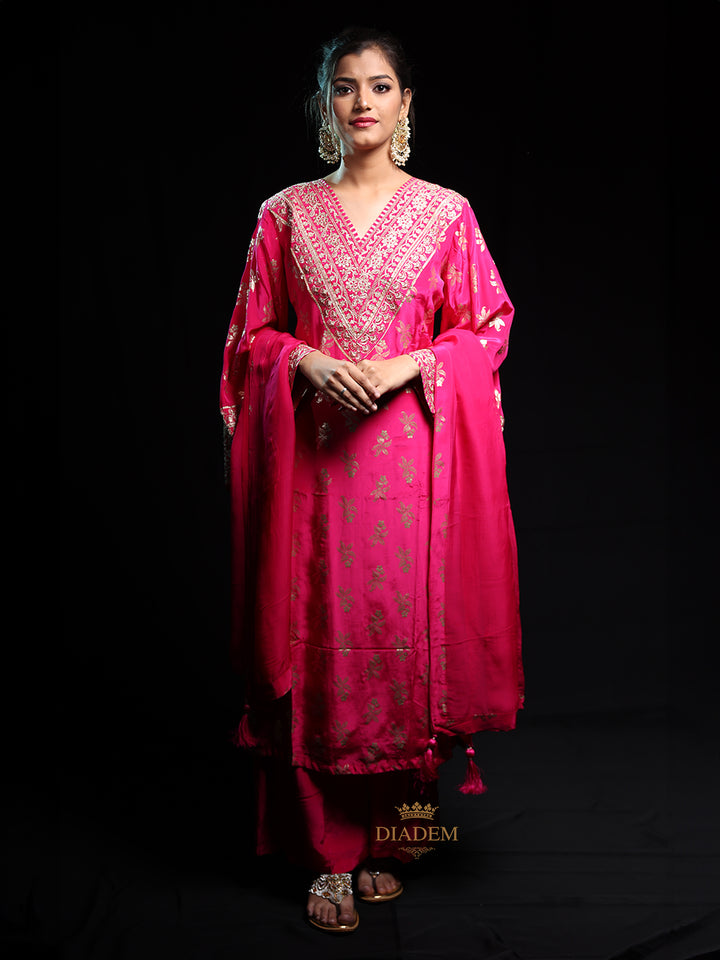 Pink Floral Designed Banarasi Silk Palazzo