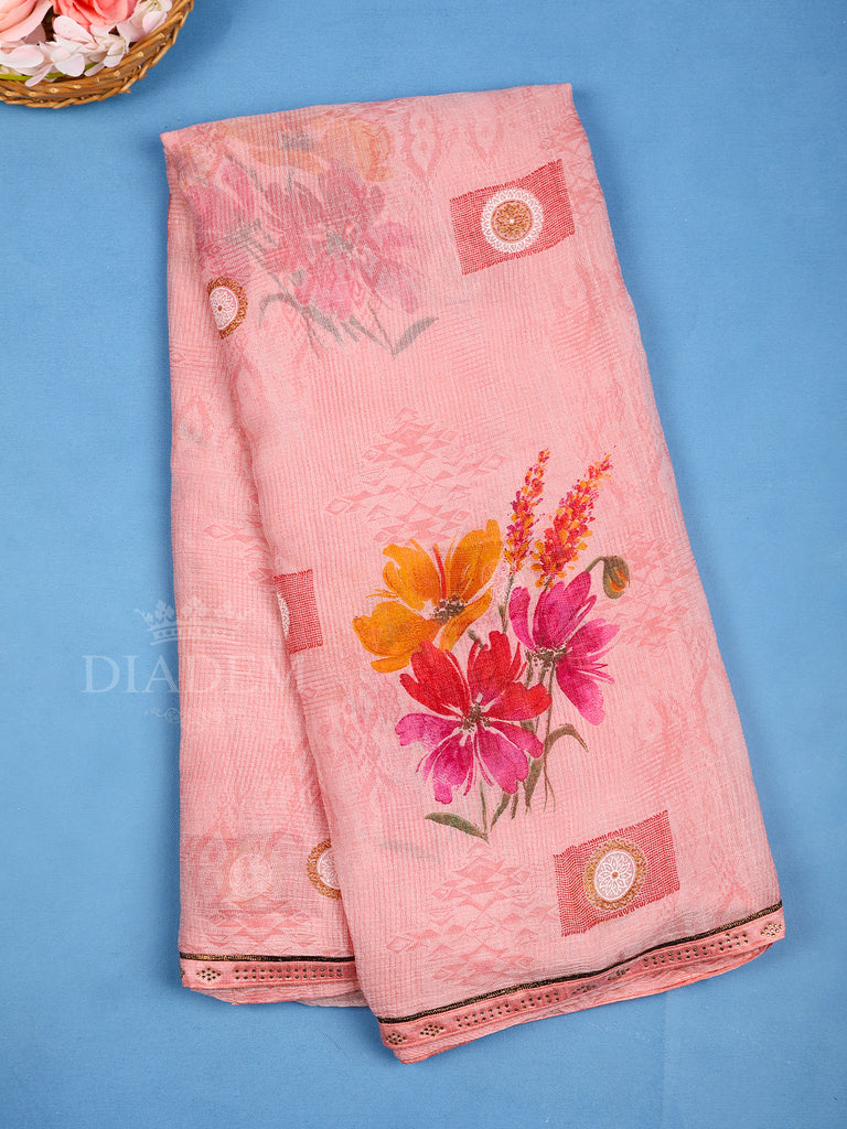 Pink Floral Designed Crepe Saree