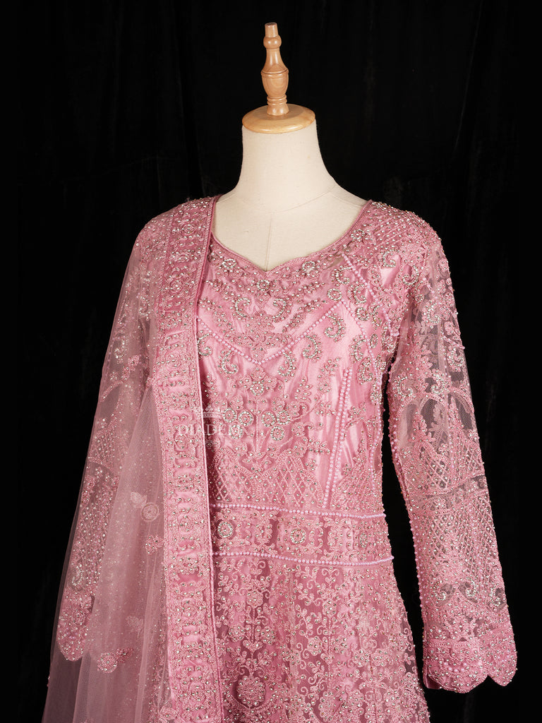 Pink Gown with Floral Designs and Net Dupatta