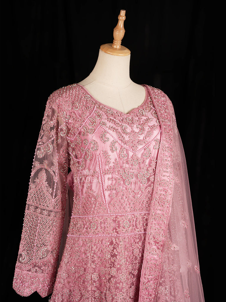 Pink Gown with Floral Embroidery and Net Dupatta