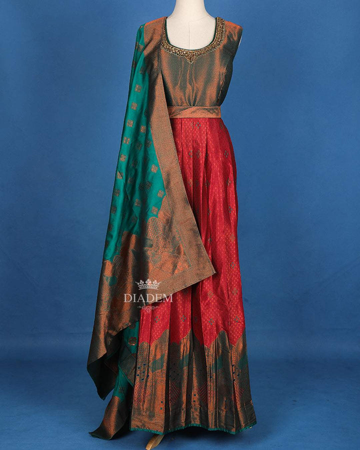 Pink with Green Sequins and Floral Designed Silk Gown - Diadem