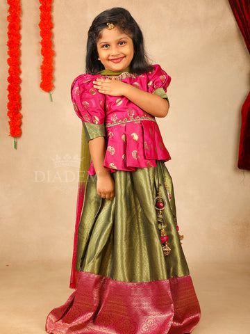 U Neck Pink and Green Silk Pavada Sattai Set