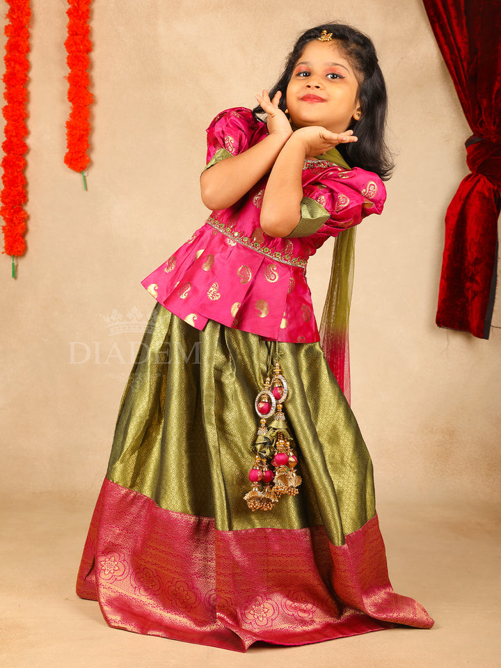 U Neck Pink and Green Silk Pavada Sattai Set