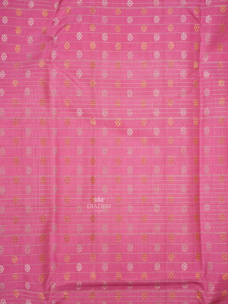 Pink Pure Kanchipuram Silk Saree with Floral and Stripes Design on the Body and with Contrast Designed Border - Diadem