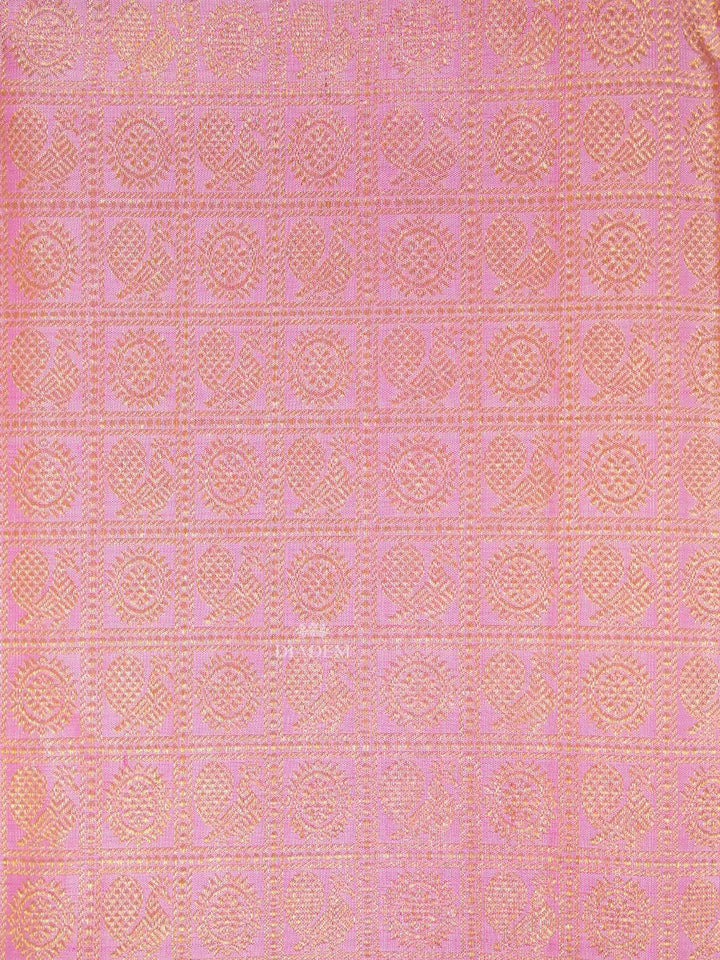 Pink Pure Kanchipuram Silk Saree with Peacock and Chakaram Patterns on the Body and with Broad and Small Border - Diadem