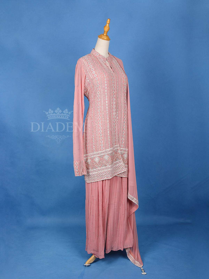 Pink Stone Work Palazzo Salwar Suit, Overcoat - Diadem