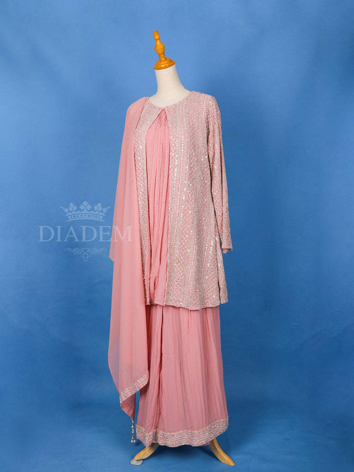 Pink Stone Work Palazzo Salwar Suit, Overcoat - Diadem