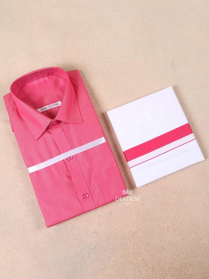 Pink Plain Cotton Full-Sleeve Shirt with Matching Border Dhoti Set - Diadem