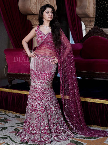 Pink Ready to Wear Bridal Saree with Floral Embroidered Design - Diadem