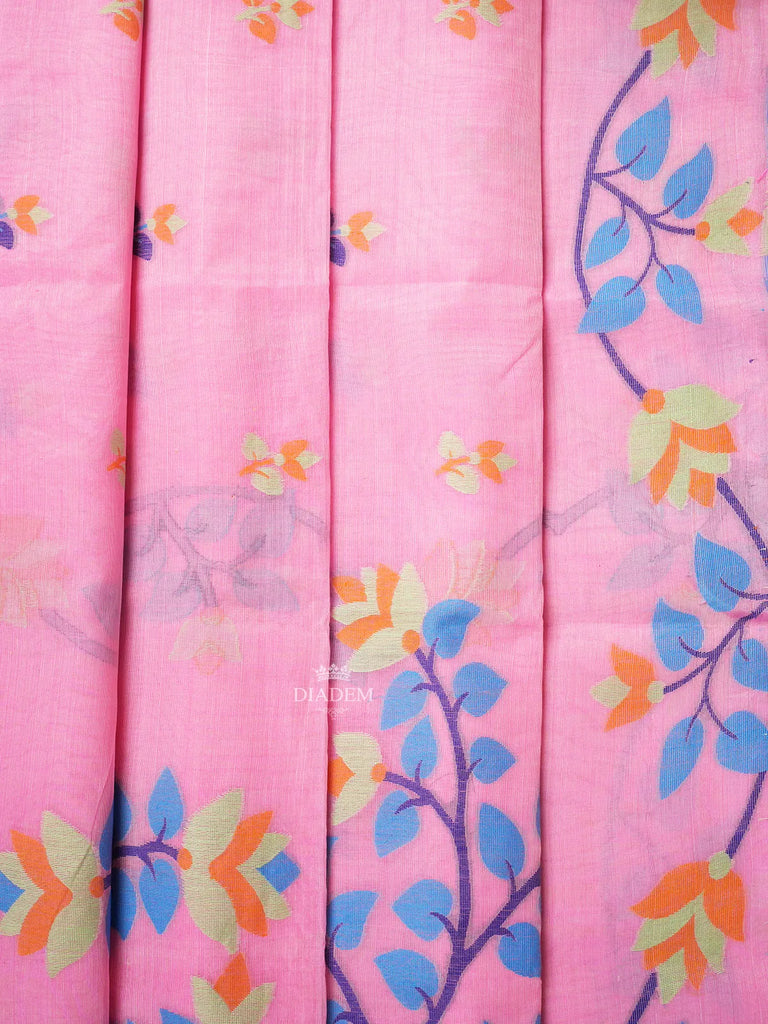 Pink Saree with Floral Patterns and Designed