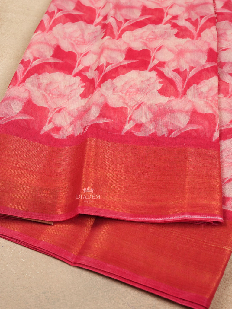 Pink Saree in Linen Cotton with Floral Designs