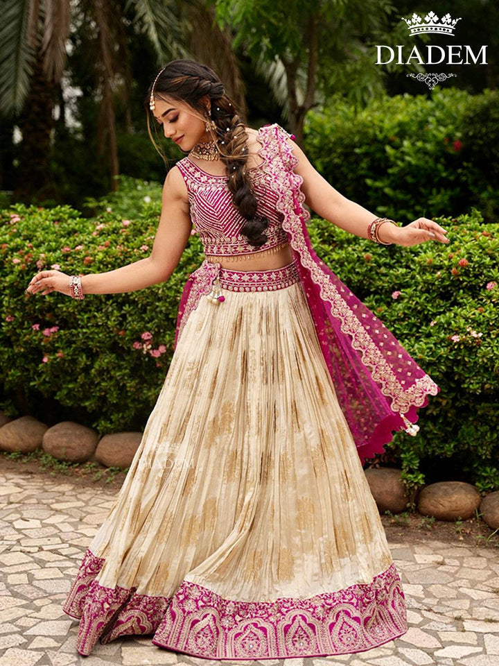 Pink Silk Floral Designed Sangeet Lehenga - Diadem