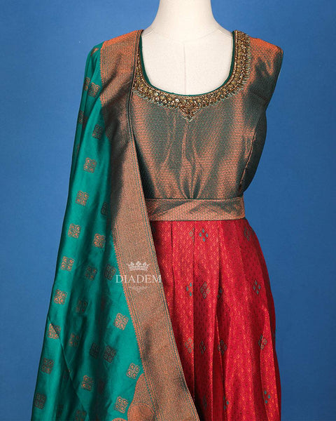 Pink with Green Sequins and Floral Designed Silk Gown - Diadem