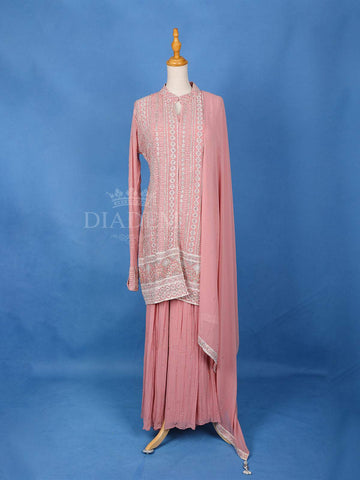 Pink Stone Work Palazzo Salwar Suit, Overcoat - Diadem