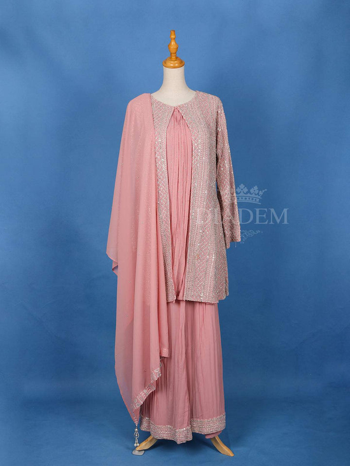 Pink Stone Work Palazzo Salwar Suit, Overcoat - Diadem