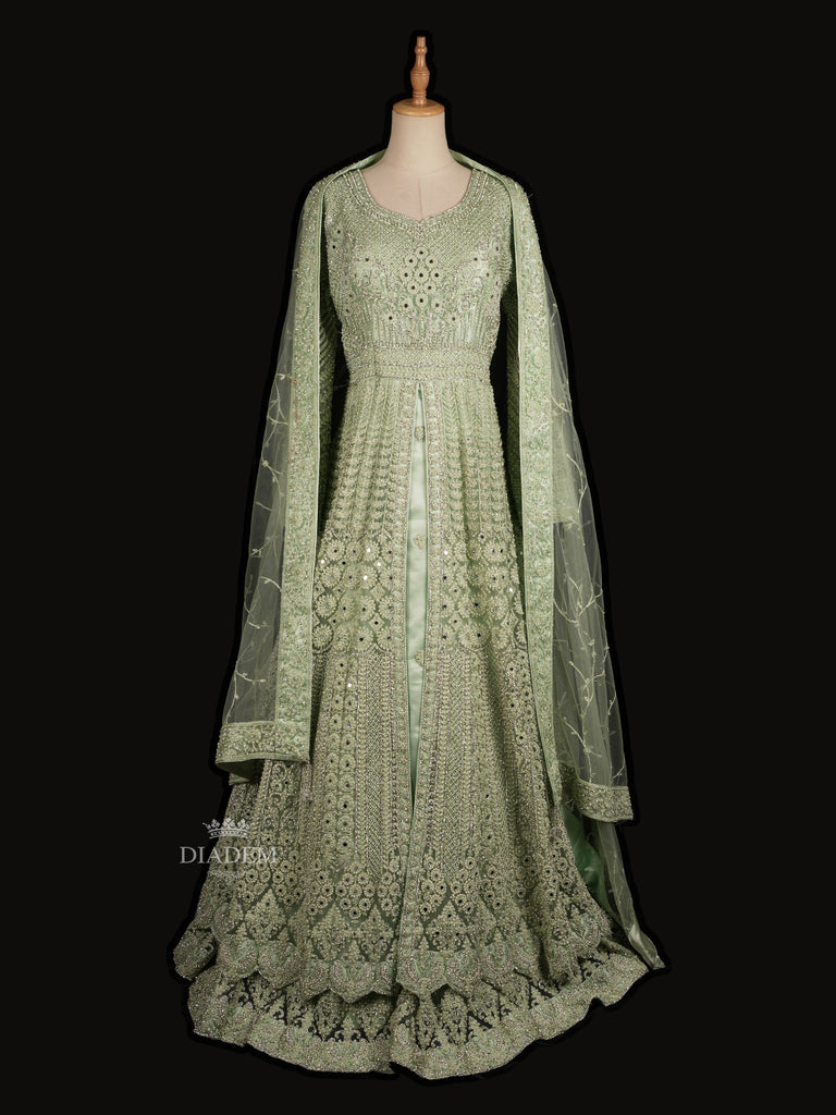 Pista Green Floral Embroidery Gown