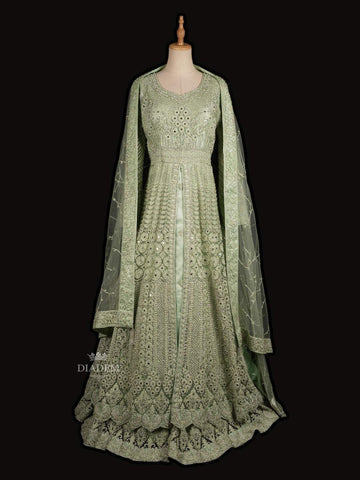 Pista Green Floral Embroidery Designed Gown and Net Dupatta - Diadem