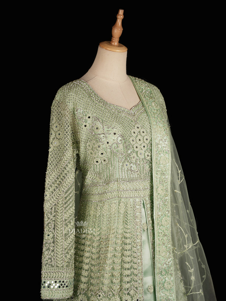 Embroidered Gown in Pista Green with Net 