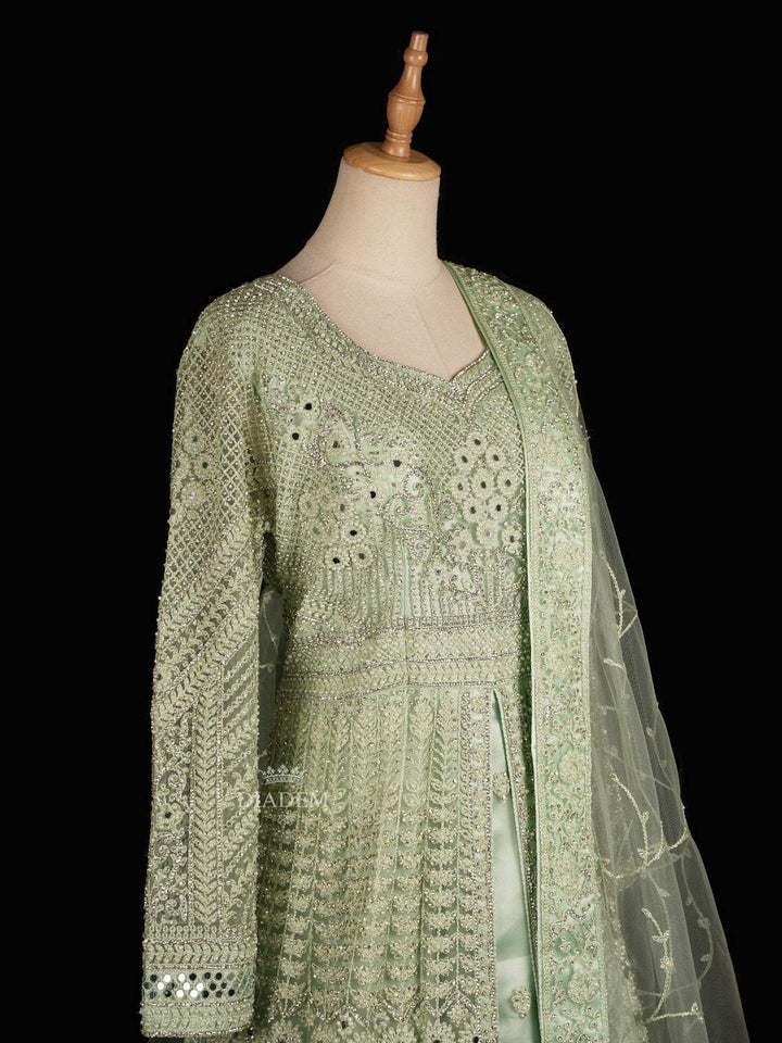 Pista Green Floral Embroidery Designed Gown and Net Dupatta - Diadem