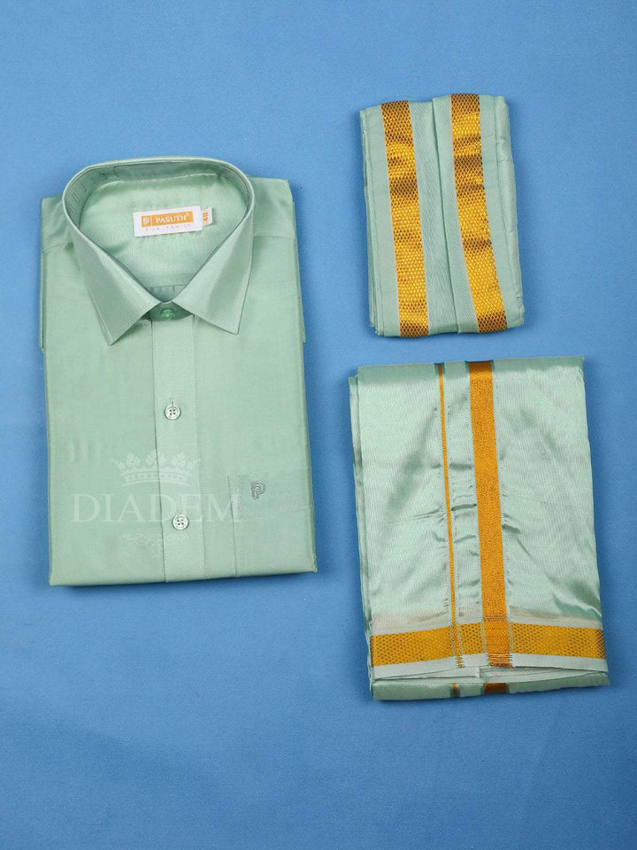 Pista Green Plain Semi Silk Full-Sleeve Shirt with Matching Dhoti Set - Diadem