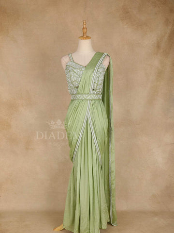 Pista Green Ready to wear Saree with Sequin Embroidery Designs, Paired with Designer blouse and Waist Belt - Diadem