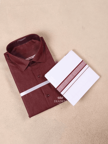 Maroon Plain Cotton Full-Sleeve Shirt with Matching Border Dhoti Set - Diadem