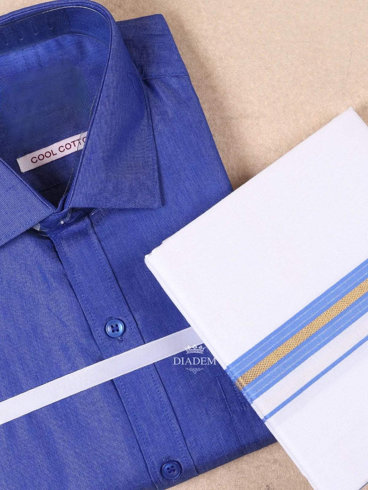 Royal Blue Plain Cotton Full-Sleeve Shirt with Matching Border Dhoti Set - Diadem