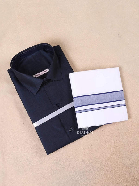 Navy Blue Plain Cotton Full-Sleeve Shirt with Matching Border Dhoti Set - Diadem