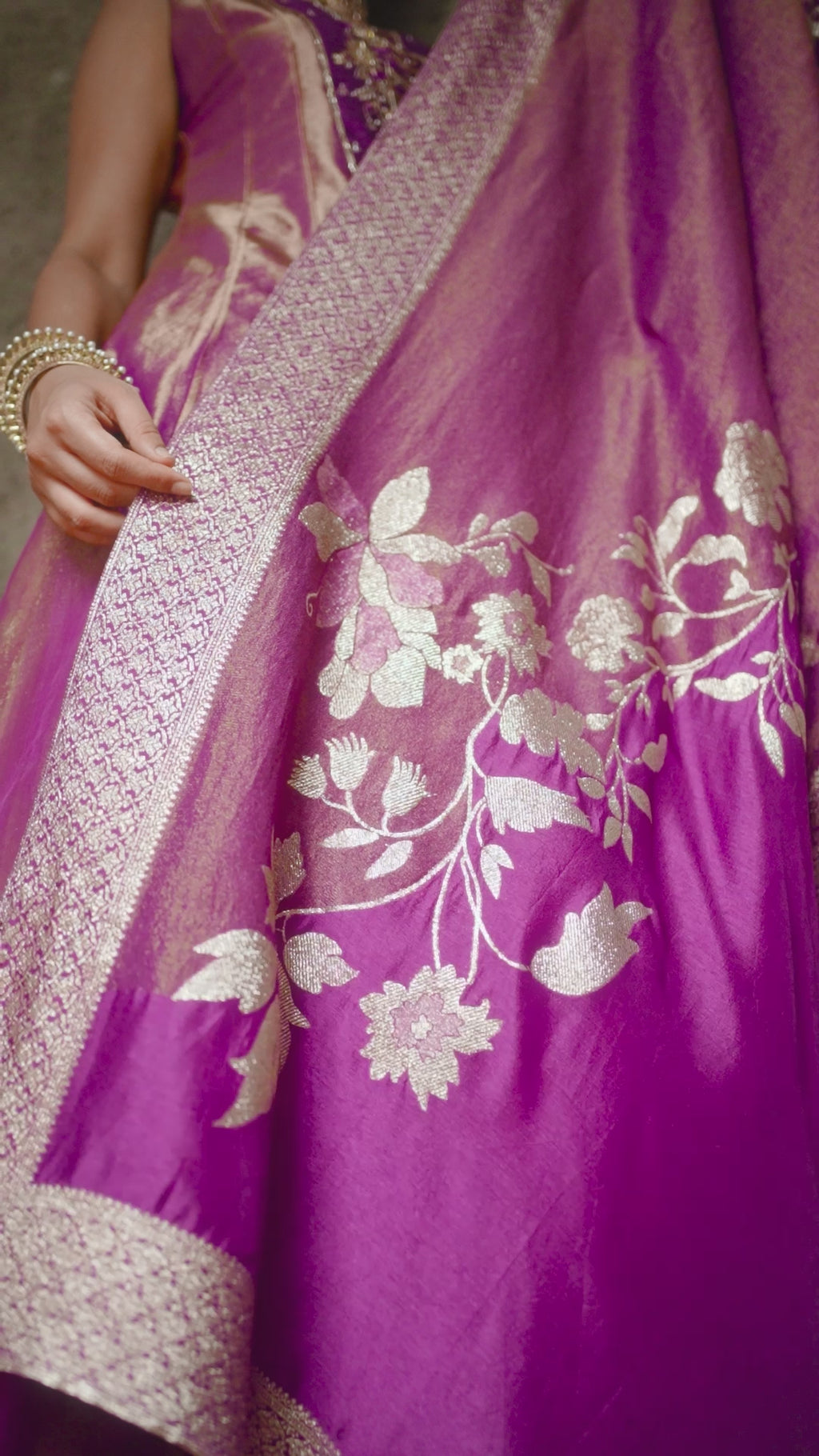 Magenta Floral Embroidered Tissue Silk Anarkali Salwar Suit