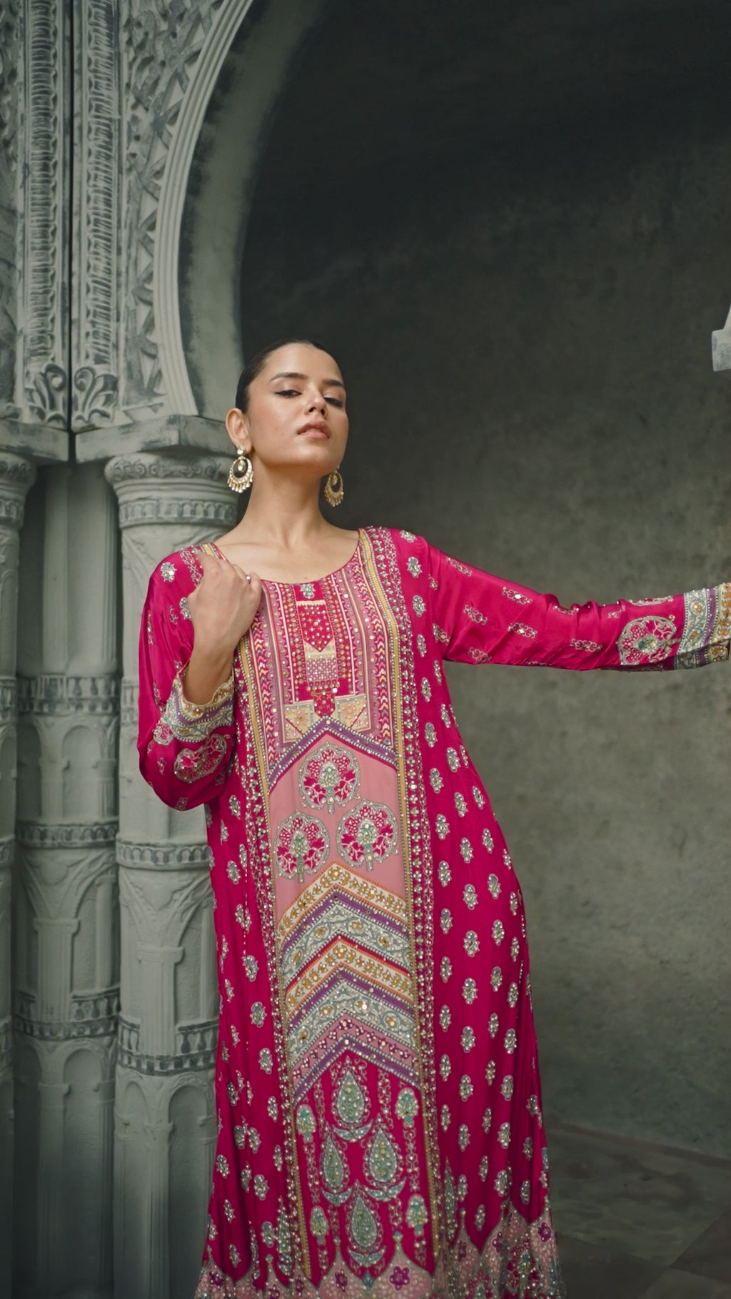 Dark Pink Floral Printed Synthetic Palazzo Salwar Suit