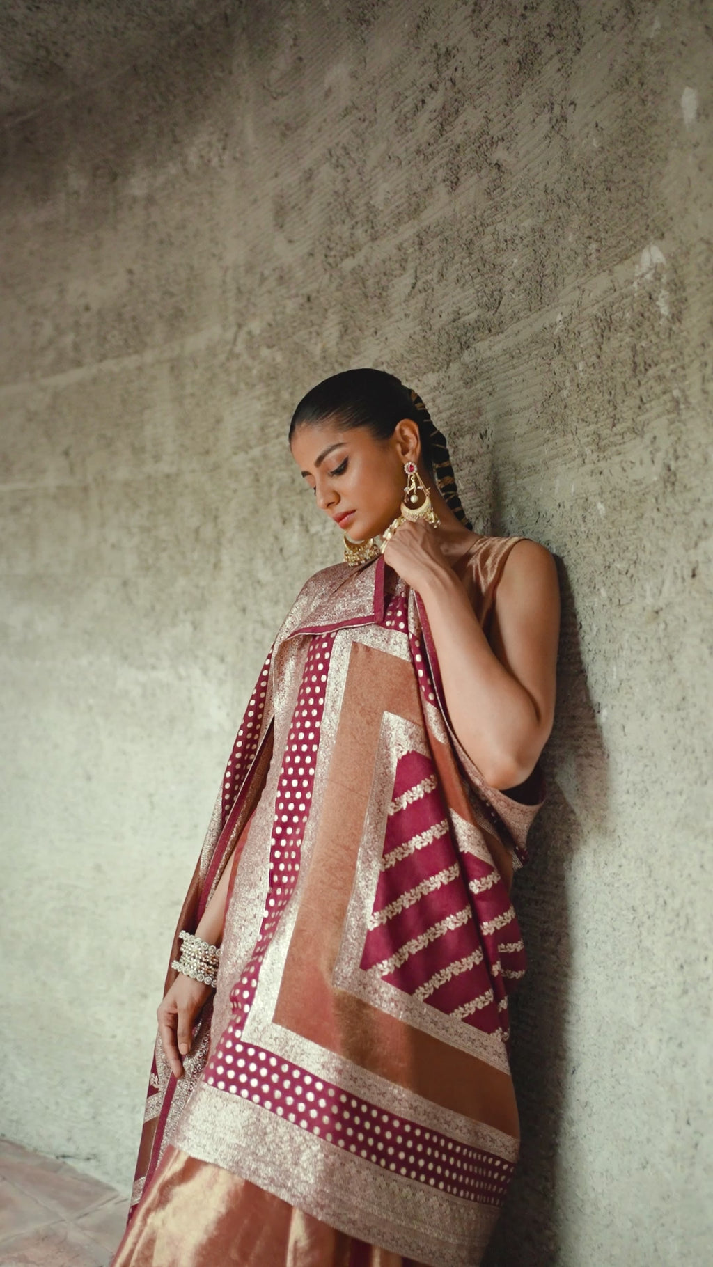 Burgundy And Gold Floral Embroidered Tissue Silk Anarkali Salwar Suit