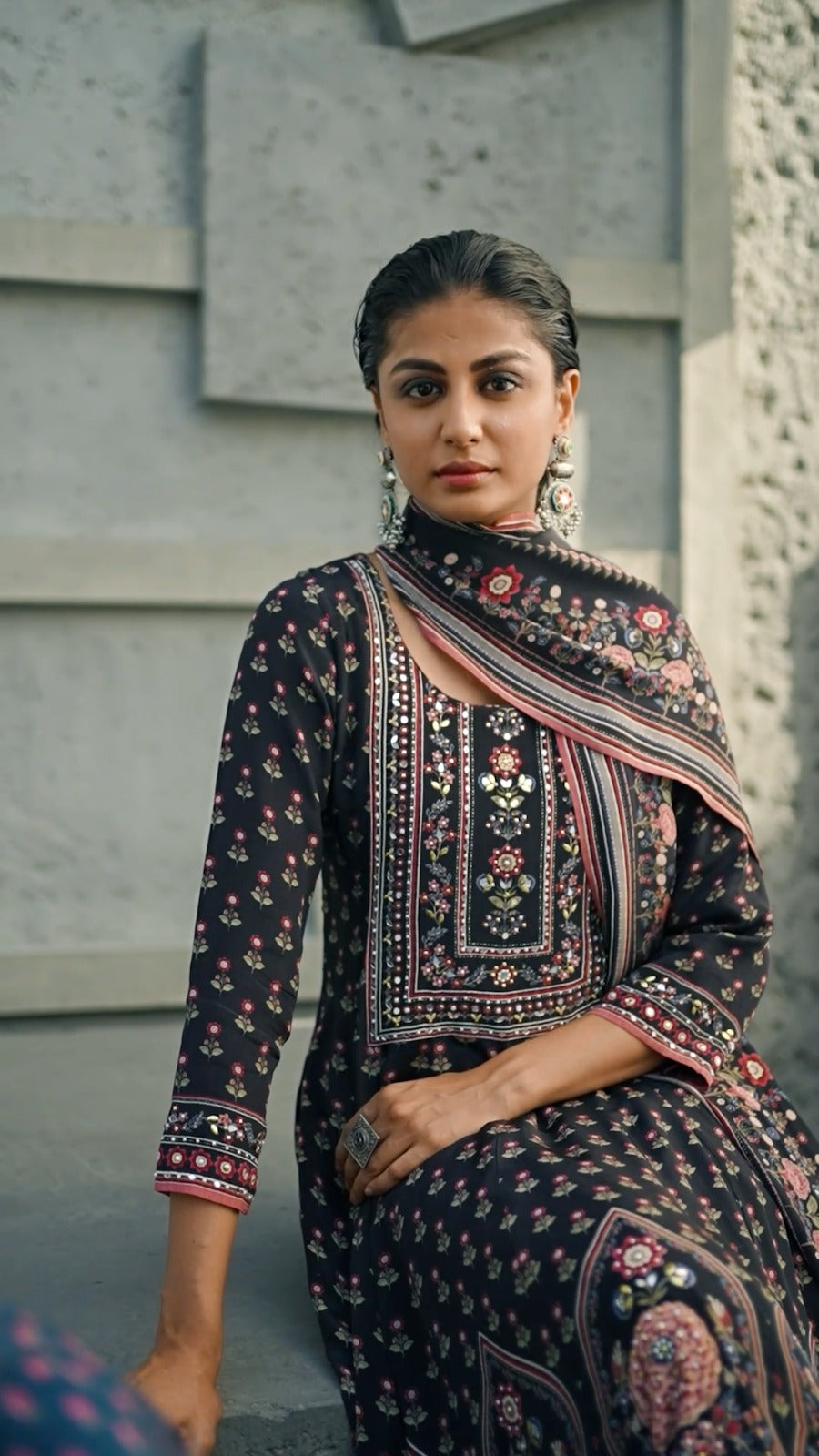 Black Floral Printed Synthetic Salwar Suit