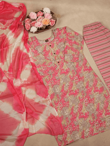 Pink Cotton Salwar Suits Adorned With Printed Floral Designs with Dupatta - Diadem