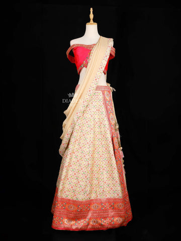 Beige Lehenga Adorned with Floral Prints with Contrast Off Shoulder and Dupatta - Diadem