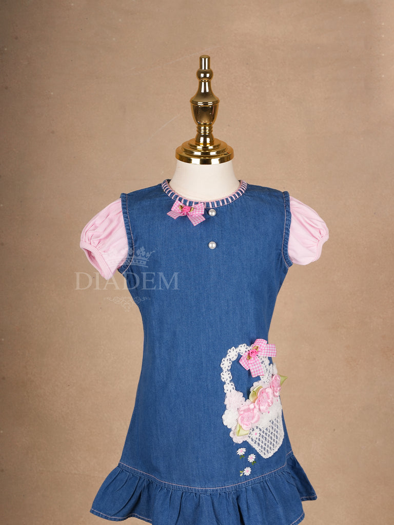 Puff Sleeve Denim Frock for Girls