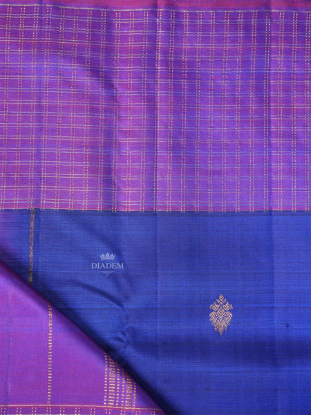 Dark Blue Pure Kanchi Pattu Saree With Floral Designs On the Body with Contrast Zari Border - Diadem