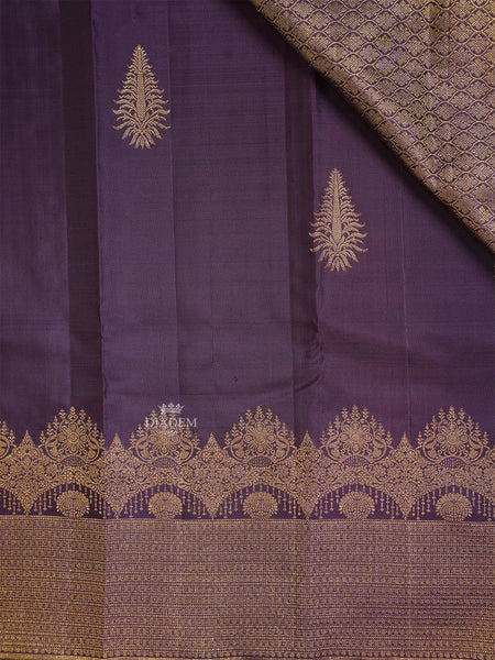 Dark Purple Pure Kanchipuram Silk Saree With Leaf Motifs On the Body with Broad and Small Border - Diadem