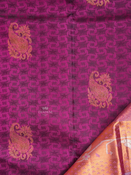 Purple Pure Kanchipuram Silk Saree with Geometric and Paisley Design on the Body with Zari Border - Diadem