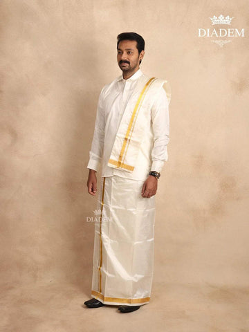 White Pure Silk Dhoti with Shirt, Paired with Towel - Diadem