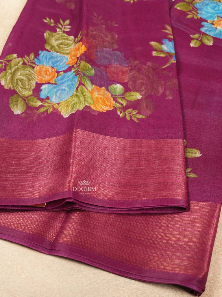 Purple Cotton Saree With Floral Designs