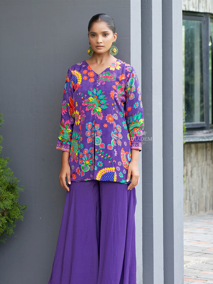 Purple Crepe Palazzo Suit Floral Embroidery