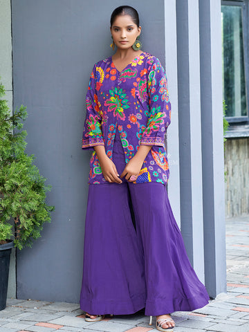 Purple Floral Embroidered Crepe Palazzo Suit