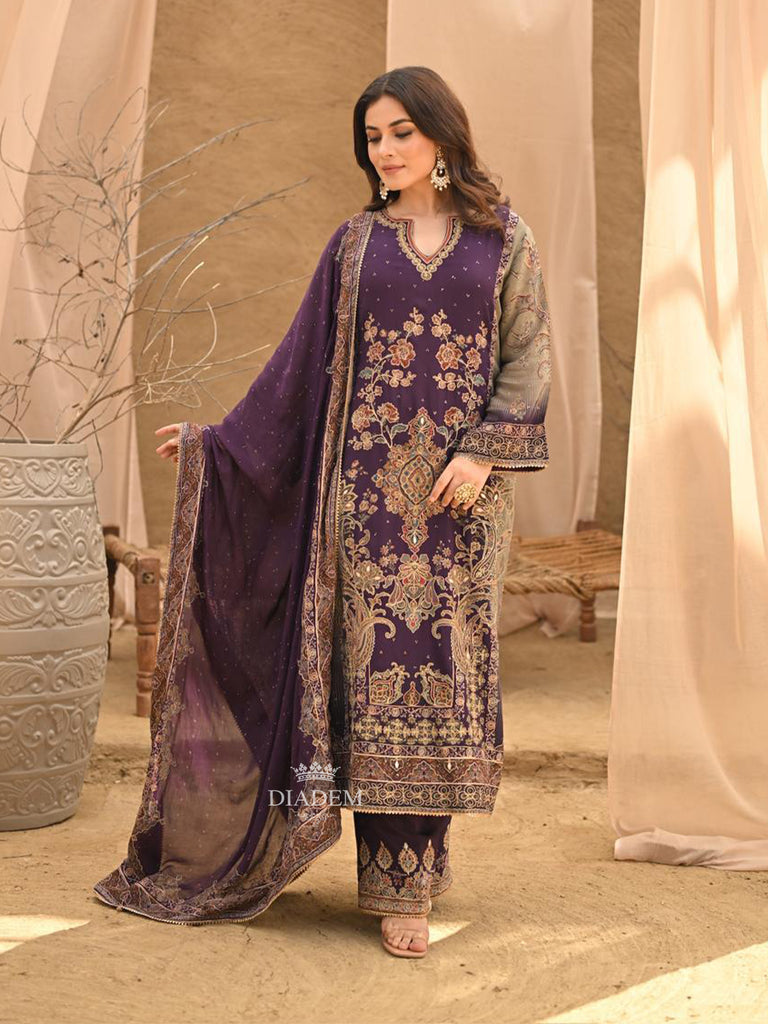 Purple Floral Embroidered Crepe Palazzo