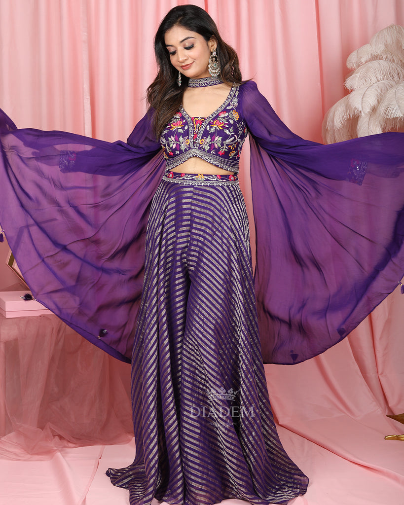 Purple Floral Embroidered Georgette Palazzo Suit