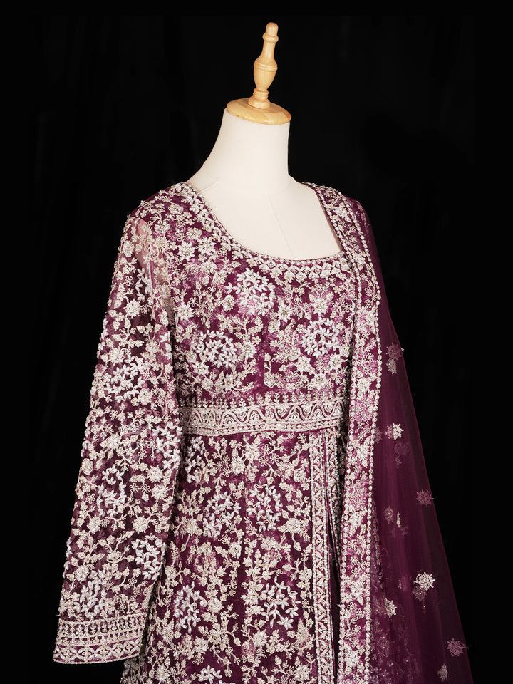 Purple Gown with Floral Embroidery Designs