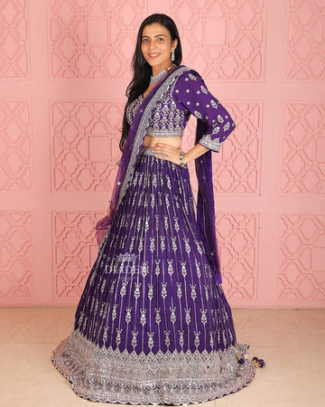 Purple Designer Party Wear Bridal Lehenga with Floral Embroidery - Diadem