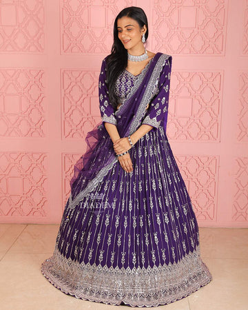 Purple Designer Party Wear Bridal Lehenga with Floral Embroidery - Diadem