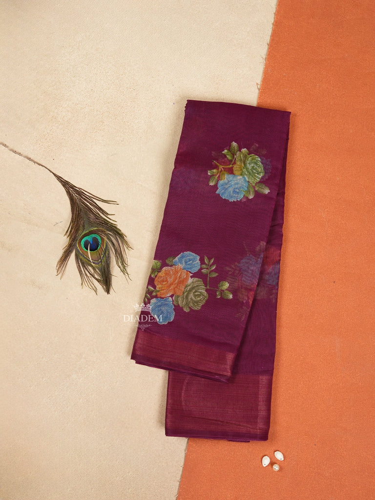 Purple Linen Cotton Saree With Floral Designs